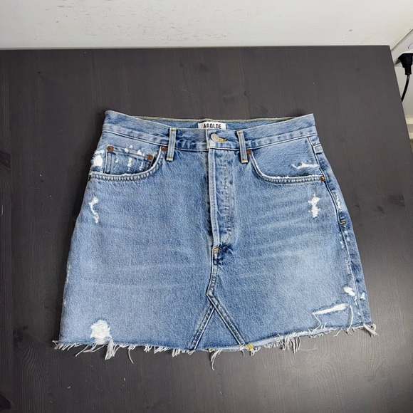 AGOLDE Quinn High-Rise Frayed Denim Jean Mini Skirt NWT - Picture 5 of 11